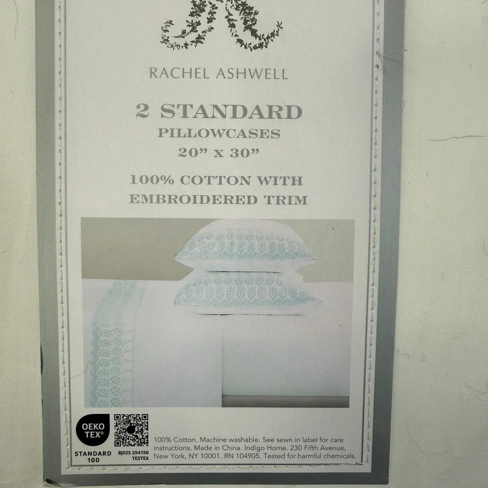 Rachel Ashwell Standard Queen Pillowcase Set White Blue Eyelet Trim New